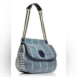TORY BURCH MARION PATCHWORK SADDLEBAG Blue white liknew